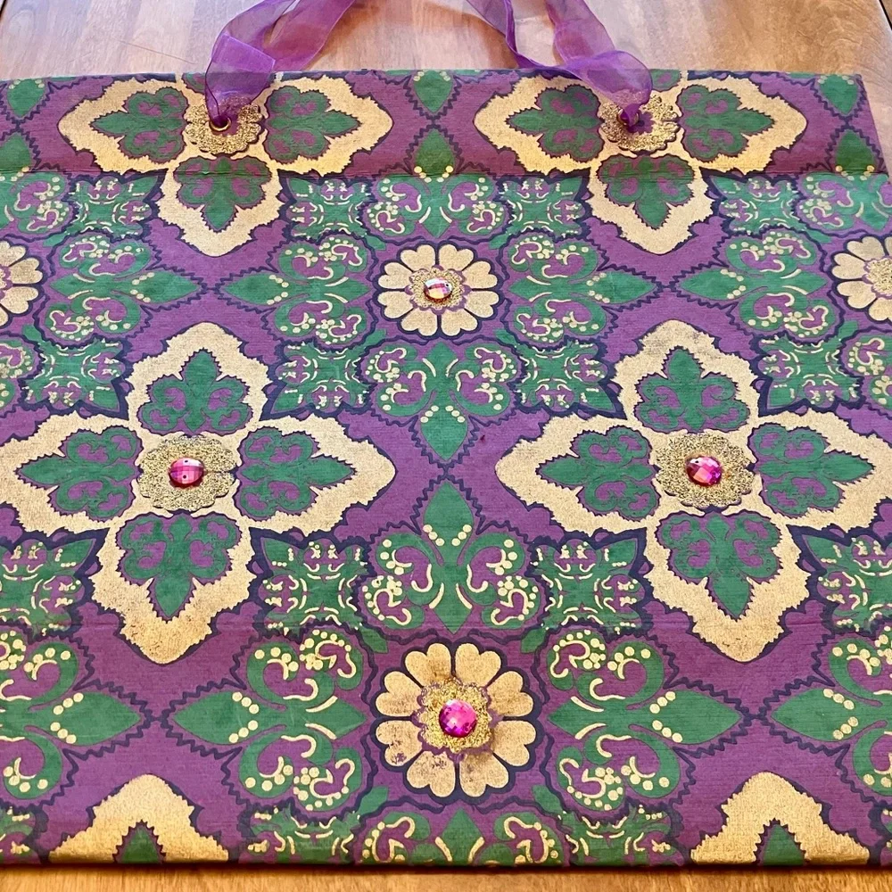 Gorgeous embellished gift bag in purple, green and gold, 16x14x6”